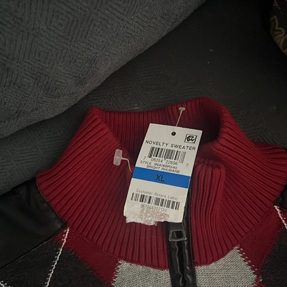 Men's XL INC novelty sweater bright rhubarb, faux leather shoulders, semi-zip - Picture 3 of 6